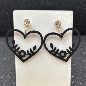 Black Heart Earrings with Gold Crystal Stud Accents